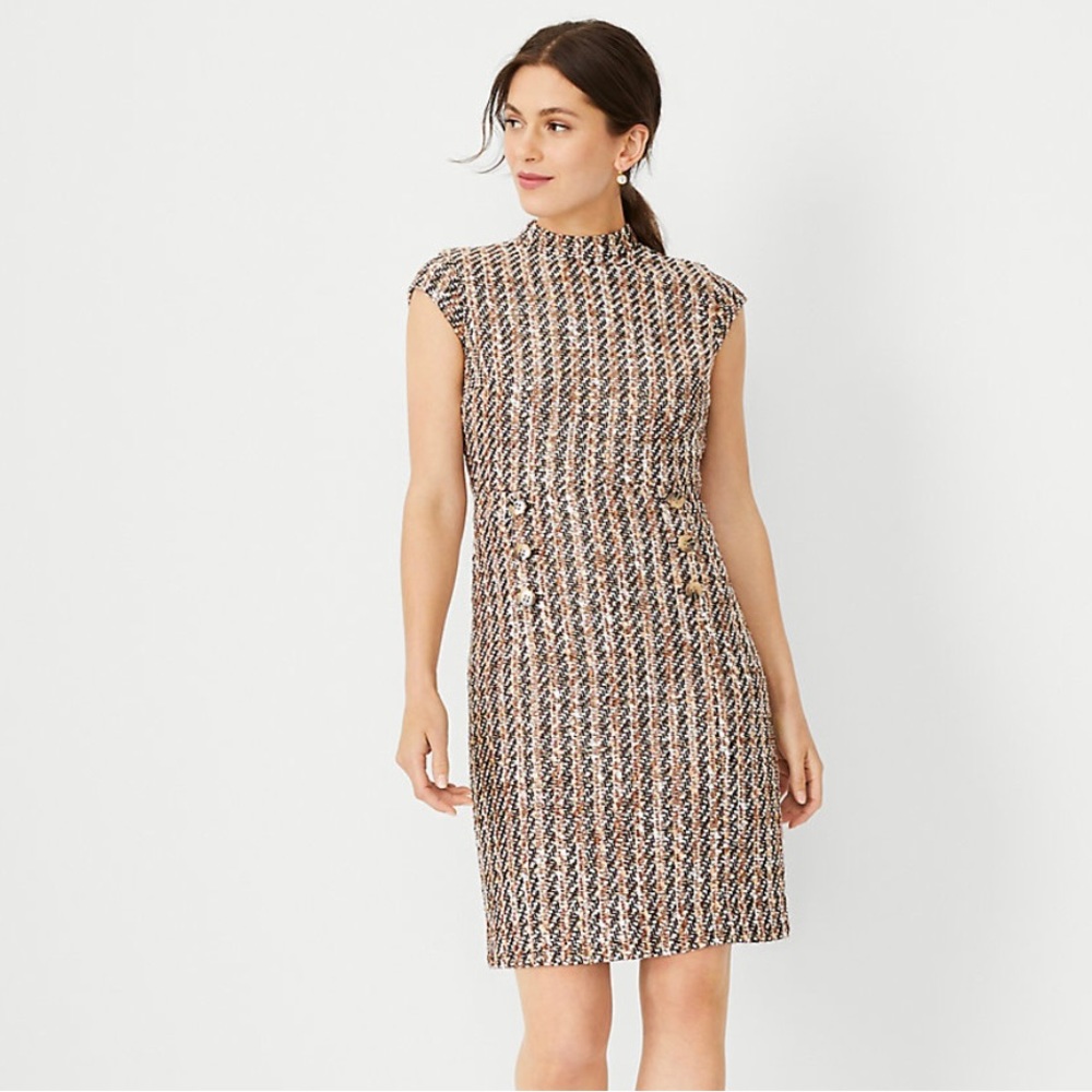 Shimmer Tweed Mock Neck Flare Dress